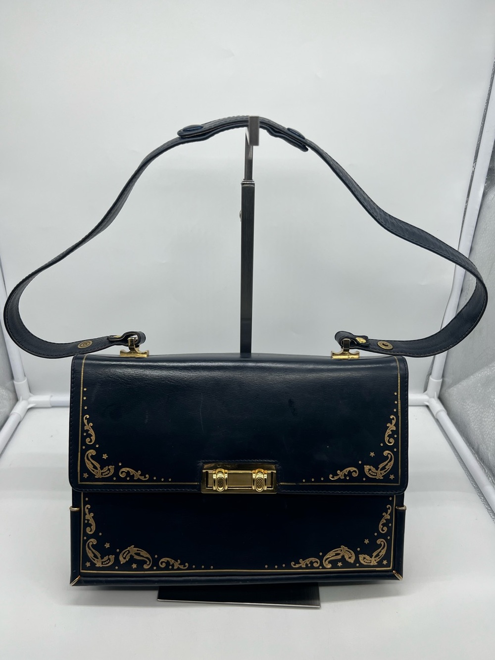 SCUOLA DEL CUOIO 1950s Vintage Dark Blue Leather Gold Baroque Embossed Purse Bag